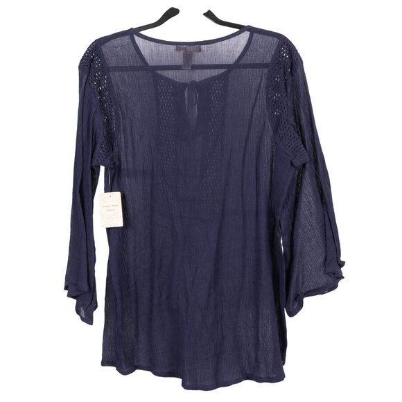 Studio West Peasant Blouse L Women NEW Blue Boho Sheer Crochet Tunic Bell Sleeve - Picture 6 of 6
